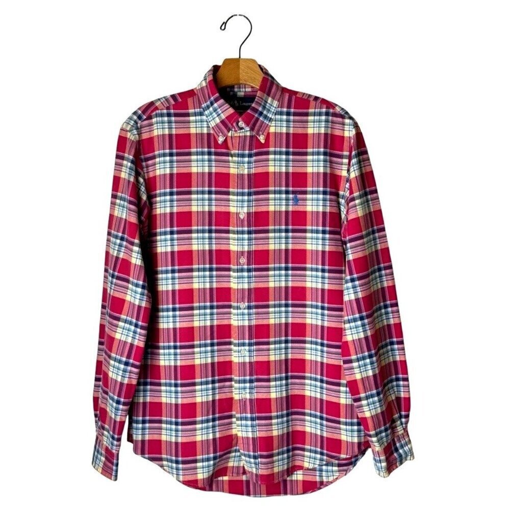 Ralph Lauren Shirt Men Small Red Plaid Cotton Custom Fit Button Down‎ Preppy